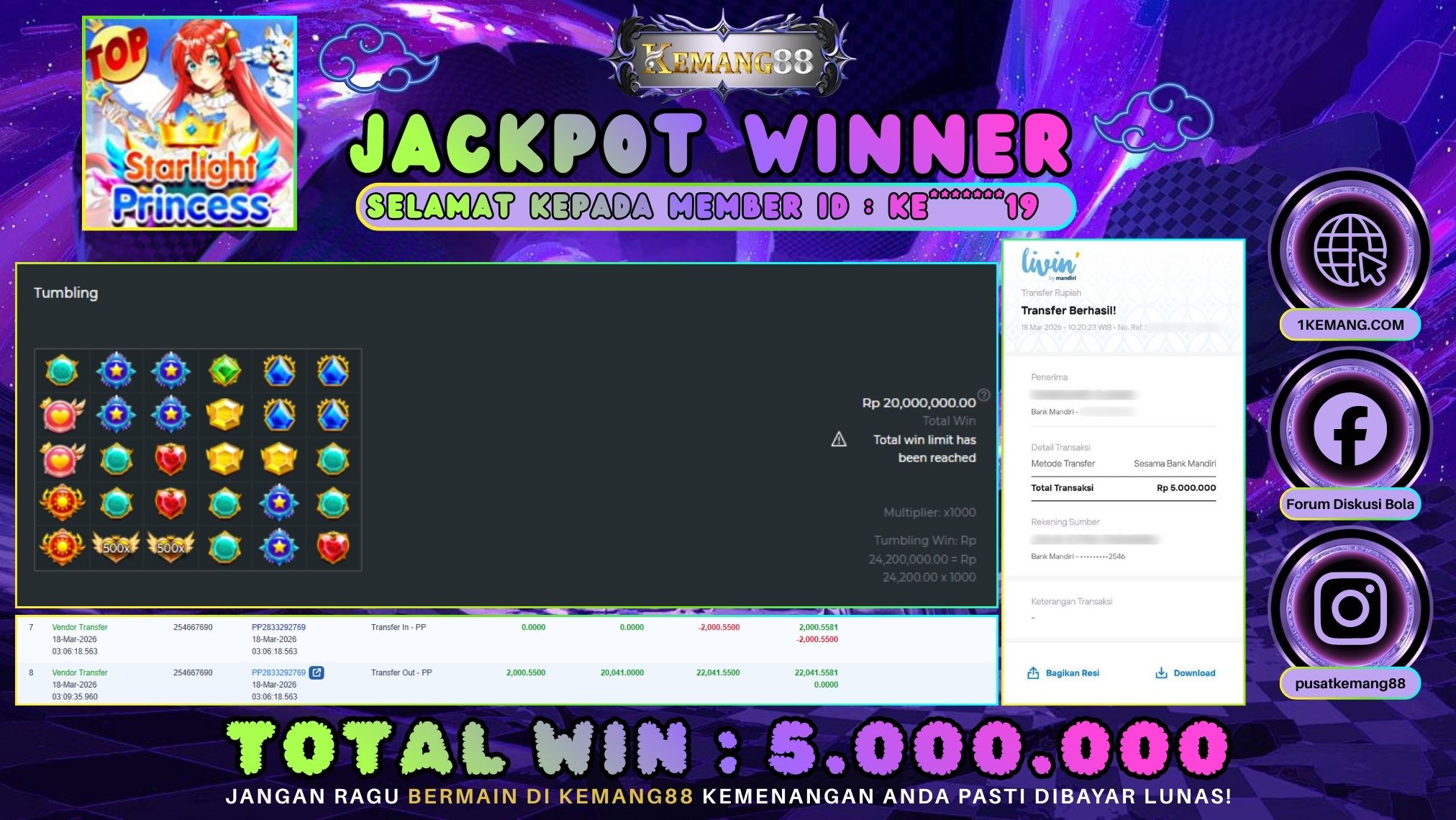 KEMANG88 [18 Maret 2026] : JACKPOT SLOT : STARLIGHT PRINCESS [PP] Rp. 5.000.000.,- LUNAS